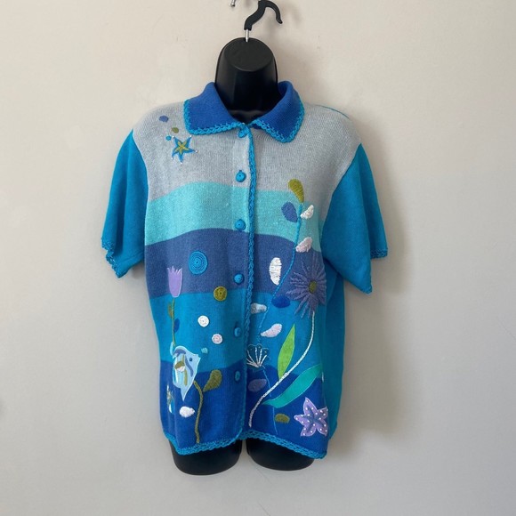 Ocean Nautical Fish Novelty Beach Blue Knit Sweater Sz Medium Vintage Grannycore - Picture 1 of 10